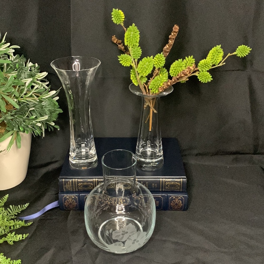 Set of 3 beautiful vintage clear etched glass and LENOX crystal vases